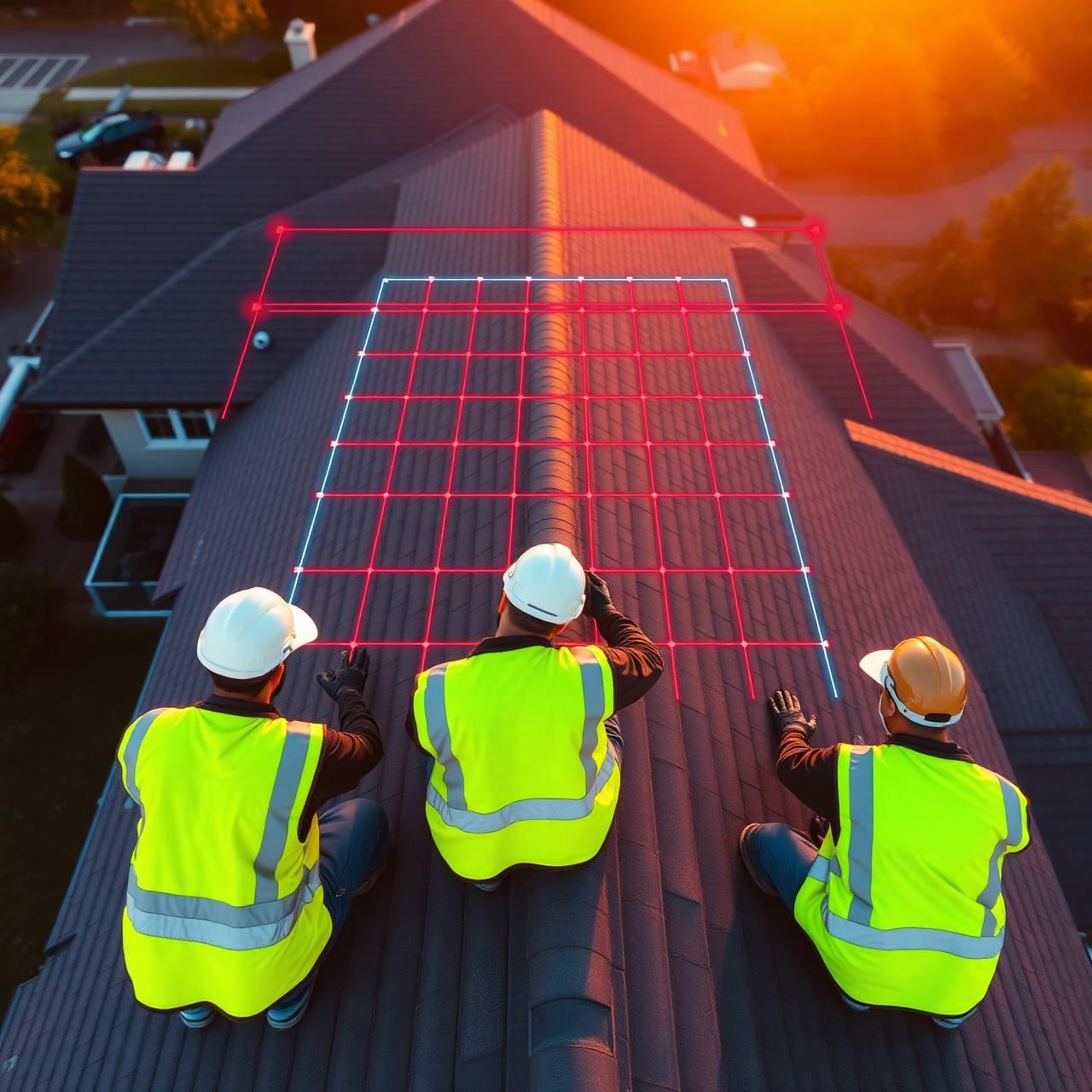 Drone scanning roof with red grid overlay