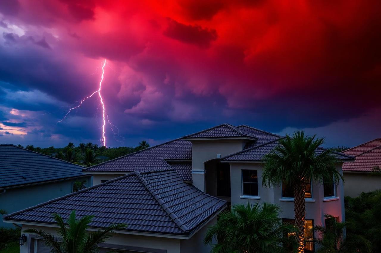 Florida luxury home with new roof under dramatic storm sky