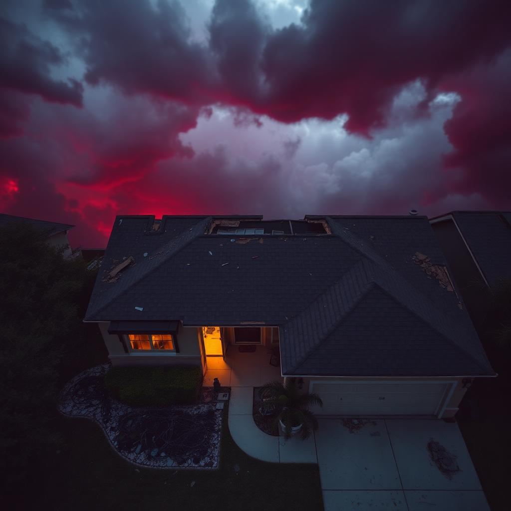 Florida home with hurricane roof damage under stormy red sky